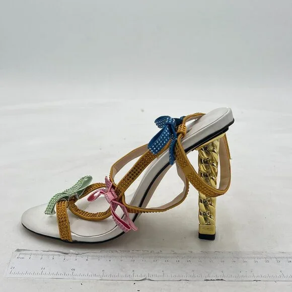 FSJ Crystal Bows Gold Metal Chain Thick High Heel Open Toe Crystal Bows Sandals - Picture 2 of 8